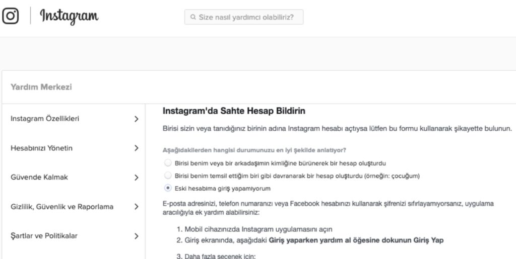 instagram şikayet formu doldurma linki